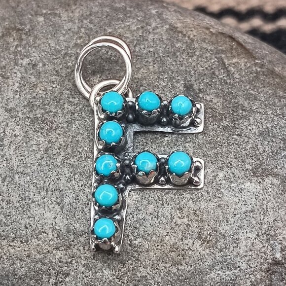 Southwest Letter Initial F Pendant Sterling Silver Snake Eye Turquoise 1 1/8" - Picture 1 of 4